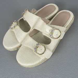 Stuart Weitzman Raffia Crystal Embellished Platform Espadrille Sandal. Size 8.